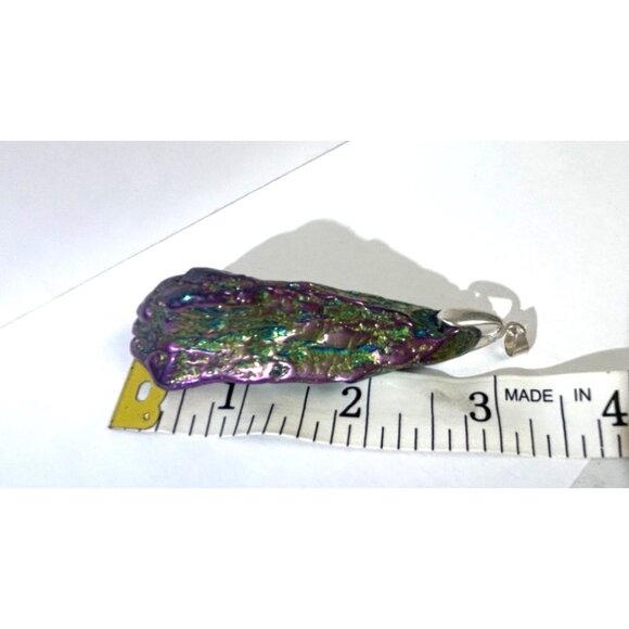 Handcrafted Rainbow Iridescent Blue Green Purple Titanium Coat Quartz 3" Pendant - Picture 6 of 6